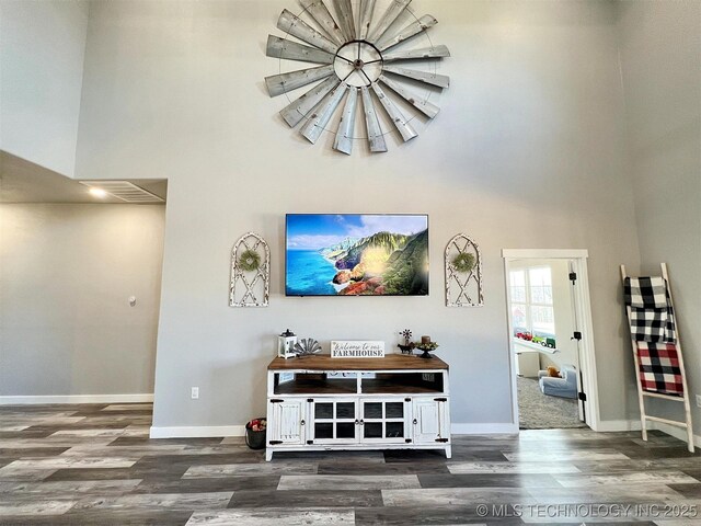 11457 N 510th Rd, Tahlequah, OK 74464 - living area featuring wood finished floors, a high ceiling, and baseboards