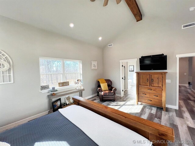 11457 N 510th Rd, Tahlequah, OK 74464 - bedroom featuring beamed ceiling, wood finished floors, baseboards, recessed lighting, and high vaulted ceiling