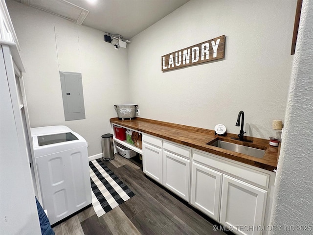11457 N 510th Rd, Tahlequah, OK 74464 - laundry area featuring electric panel, washer / clothes dryer, dark wood-style floors, and cabinet space