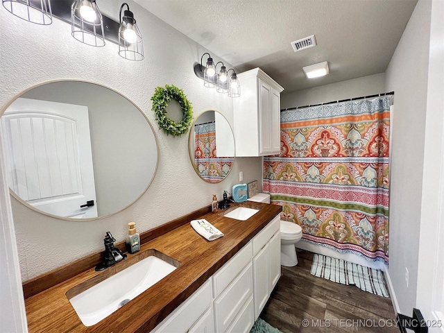 11457 N 510th Rd, Tahlequah, OK 74464 - bathroom featuring toilet, double vanity, wood finished floors, a textured ceiling, and a textured wall