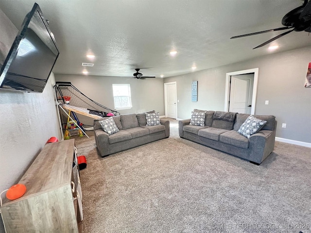 11457 N 510th Rd, Tahlequah, OK 74464 - carpeted living room featuring ceiling fan, baseboards, and recessed lighting
