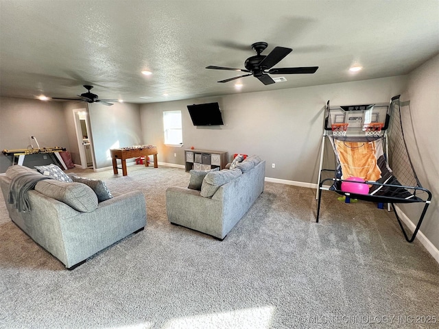11457 N 510th Rd, Tahlequah, OK 74464 - living room featuring a ceiling fan, baseboards, carpet floors, a textured ceiling, and recessed lighting