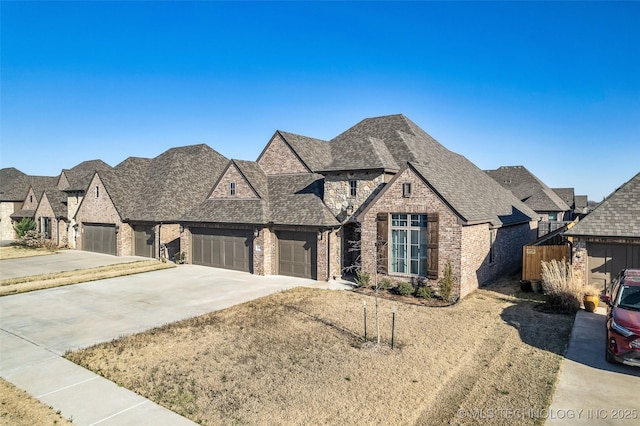 french country inspired facade with brick siding, driveway, and an attached garage