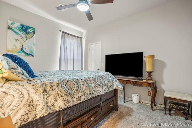 bedroom featuring carpet, baseboards, and ceiling fan