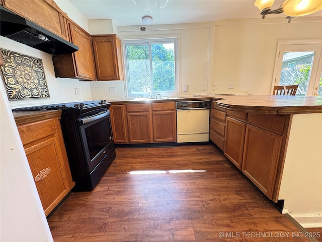 111 N Logan Dr, Tahlequah, OK 74464 - kitchen featuring dishwashing machine, under cabinet range hood, black gas range oven, a peninsula, and plenty of natural light