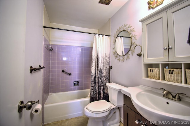 6508 W Cameron St, Sand Springs, OK 74127 - bathroom with tile patterned floors, toilet, vanity, and shower / bathtub combination with curtain
