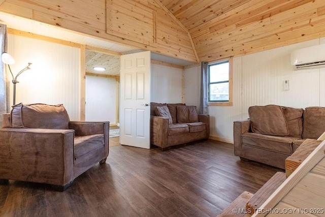 living room with a wall unit AC, wood ceiling, dark wood-type flooring, and high vaulted ceiling