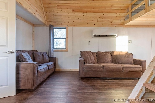 living room with dark wood finished floors, vaulted ceiling, and a wall unit AC
