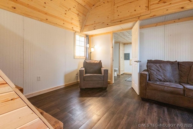 living area featuring wood ceiling, dark wood-type flooring, baseboards, and vaulted ceiling