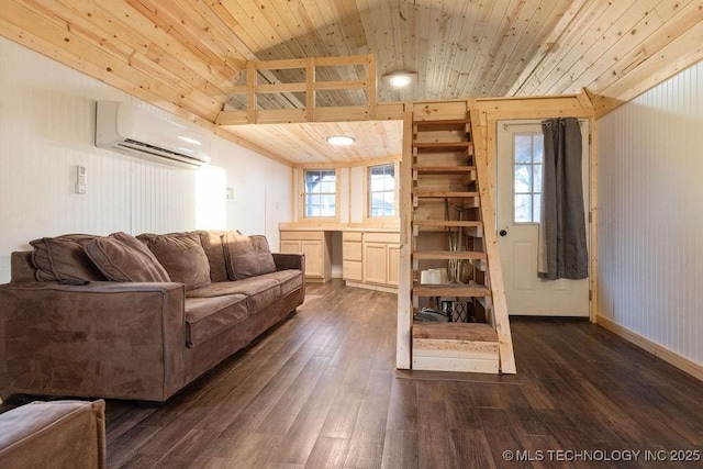 living area with wood ceiling, vaulted ceiling, dark wood-style flooring, and a wall unit AC