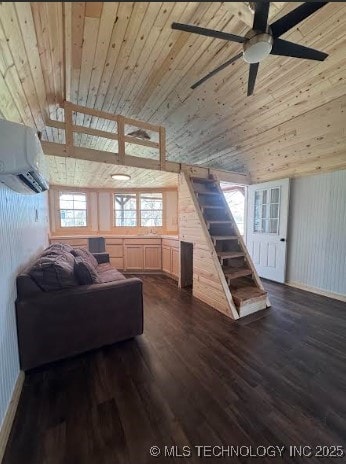 living area featuring dark wood finished floors, a wall mounted air conditioner, wood ceiling, and ceiling fan