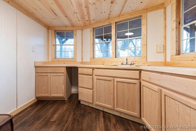 kitchen featuring light brown cabinets, light countertops, a wealth of natural light, wooden ceiling, and dark wood-style flooring