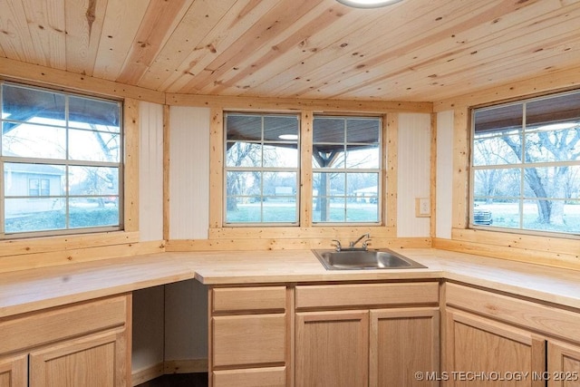 kitchen with a healthy amount of sunlight, wood ceiling, light brown cabinets, and a sink