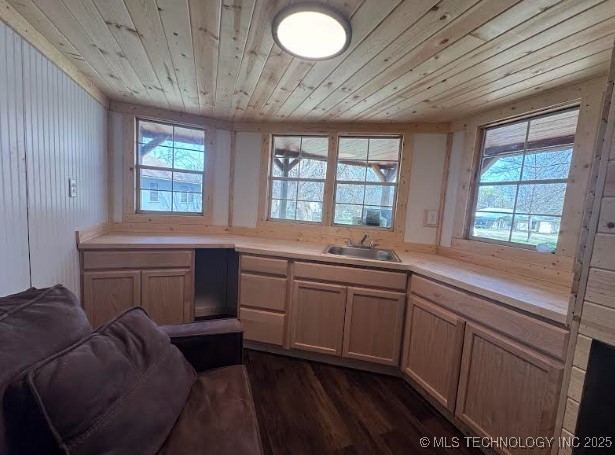 kitchen with wood ceiling, a healthy amount of sunlight, and a sink