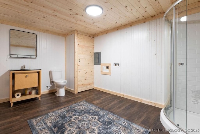 bathroom featuring toilet, electric panel, a stall shower, wooden ceiling, and wood finished floors