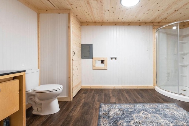 bathroom with electric panel, a stall shower, wood finished floors, and wood ceiling