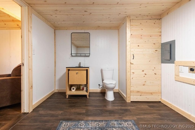 bathroom with toilet, wood ceiling, electric panel, and wood finished floors