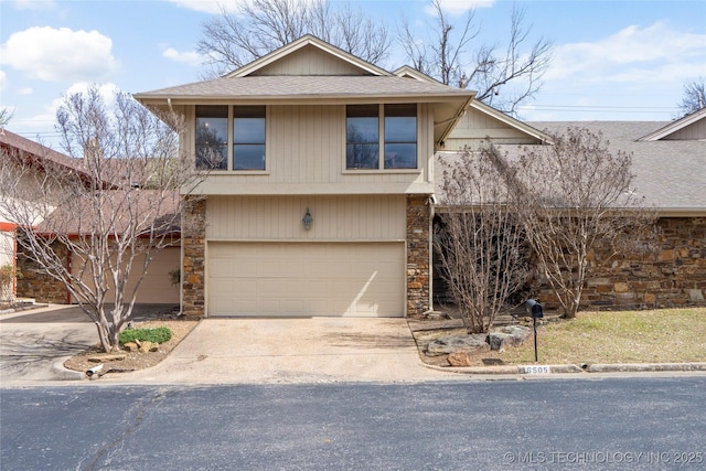 6505 S Oswego Ave, Tulsa, OK 74136 - view of front of house featuring stone siding, driveway, a garage, and roof with shingles