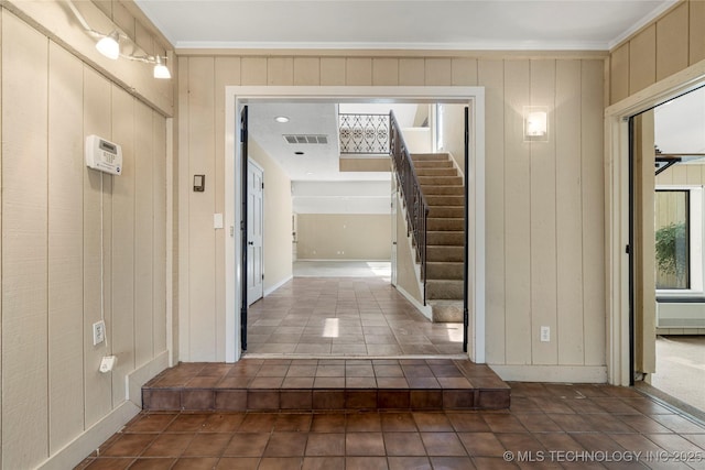 6505 S Oswego Ave, Tulsa, OK 74136 - foyer entrance with visible vents, ornamental molding, tile patterned flooring, and stairway