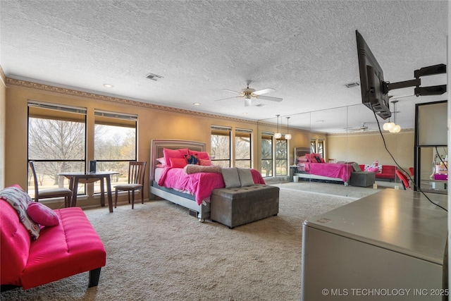 6505 S Oswego Ave, Tulsa, OK 74136 - carpeted bedroom with visible vents, crown molding, and a textured ceiling