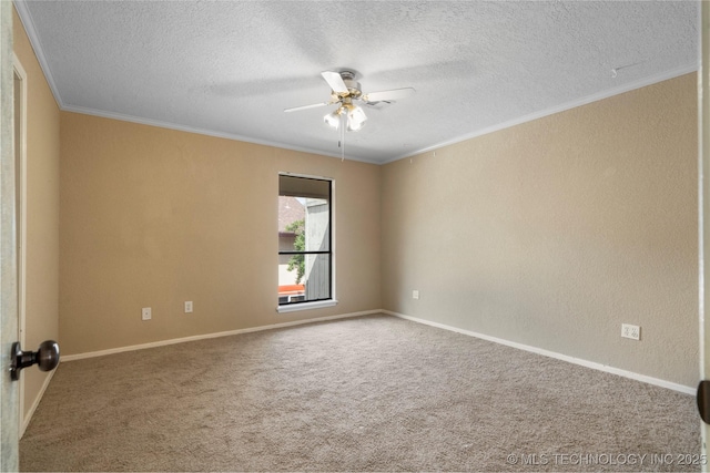 6505 S Oswego Ave, Tulsa, OK 74136 - unfurnished room with ornamental molding, carpet, a textured ceiling, and ceiling fan