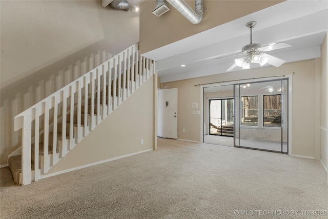 6505 S Oswego Ave, Tulsa, OK 74136 - unfurnished living room with baseboards, carpet floors, visible vents, and a ceiling fan