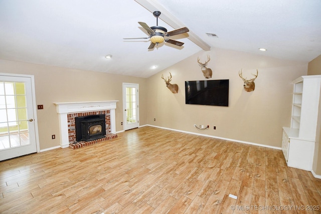 1430 Williams St, Fort Gibson, OK 74434 - unfurnished living room with light wood-type flooring, visible vents, baseboards, ceiling fan, and vaulted ceiling with beams