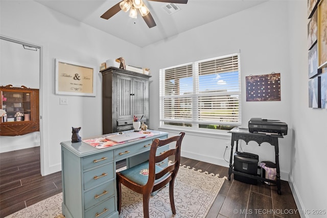 home office featuring visible vents, ceiling fan, baseboards, and dark wood finished floors