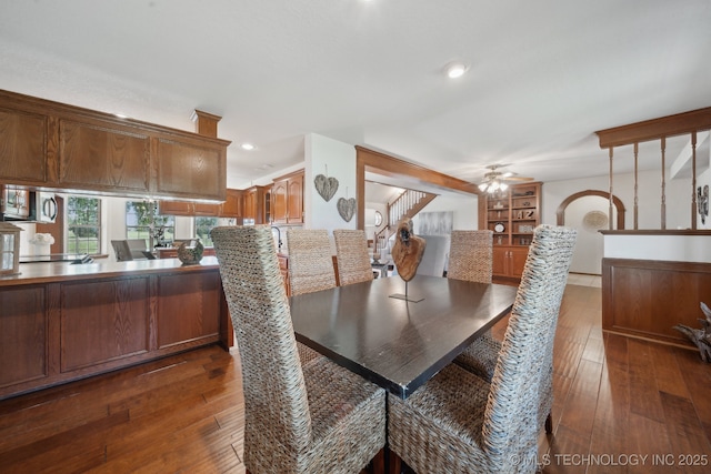11712 E 121st St, Collinsville, OK 74021 - dining area with dark wood-style floors, a ceiling fan, stairs, and recessed lighting