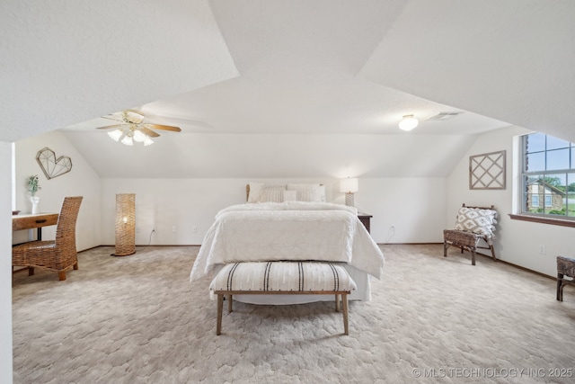 11712 E 121st St, Collinsville, OK 74021 - bedroom with vaulted ceiling, carpet, baseboards, and ceiling fan