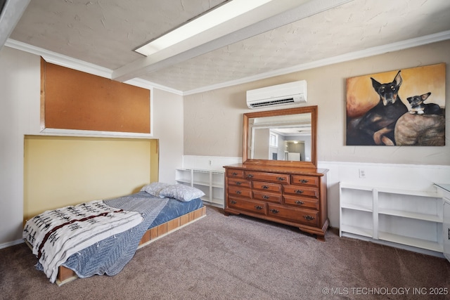 carpeted bedroom featuring beam ceiling, a wall mounted air conditioner, and ornamental molding