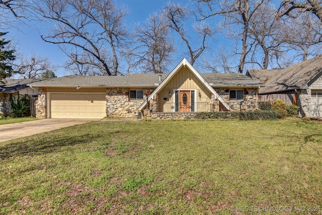 a-frame style home featuring an attached garage, stone siding, and driveway