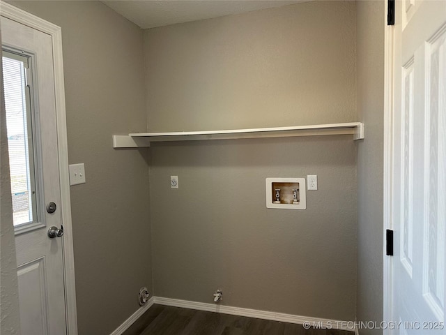 clothes washing area featuring baseboards, laundry area, hookup for a washing machine, hookup for an electric dryer, and dark wood-style flooring
