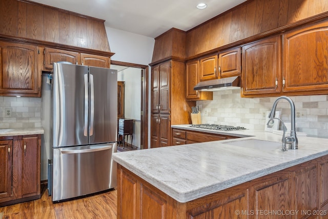 kitchen featuring under cabinet range hood, stainless steel appliances, a sink, decorative backsplash, and light wood-style flooring
