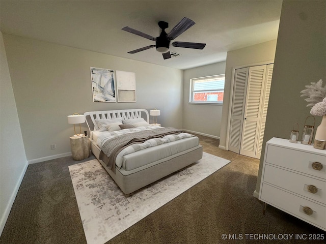 4760 S Irvington Ave, Tulsa, OK 74135 - bedroom featuring visible vents, a closet, dark colored carpet, baseboards, and ceiling fan