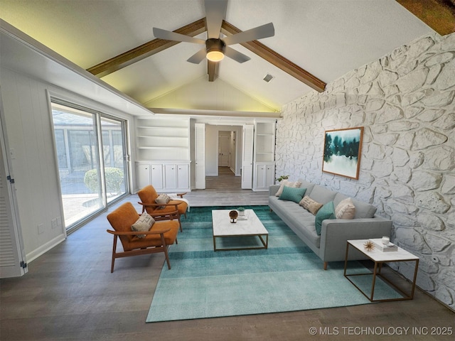 4760 S Irvington Ave, Tulsa, OK 74135 - living room featuring visible vents, beamed ceiling, built in features, wood finished floors, and a ceiling fan
