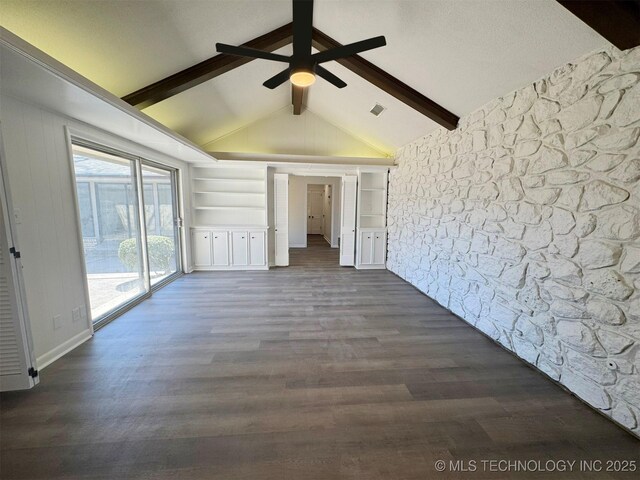 4760 S Irvington Ave, Tulsa, OK 74135 - empty room with visible vents, dark wood-style flooring, ceiling fan, and vaulted ceiling with beams