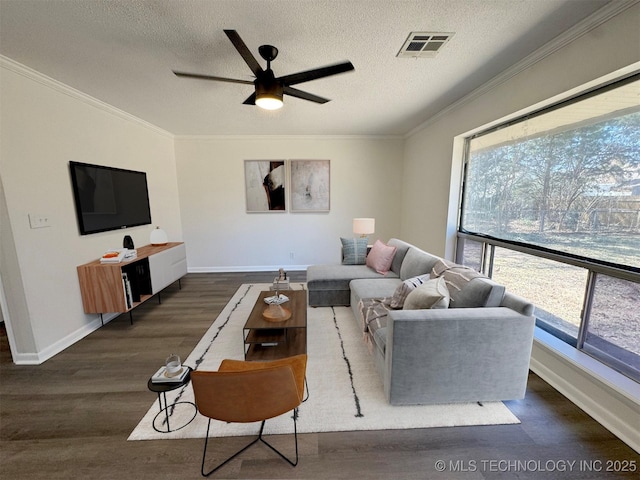 4760 S Irvington Ave, Tulsa, OK 74135 - living room with dark wood-style flooring, crown molding, visible vents, and a wealth of natural light