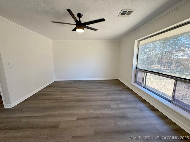 4760 S Irvington Ave, Tulsa, OK 74135 - empty room with a ceiling fan, dark wood-style floors, visible vents, and ornamental molding