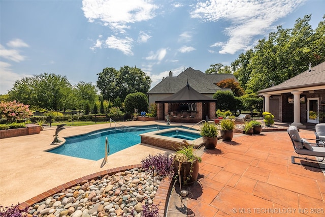 11503 S Granite Ave, Tulsa, OK 74137 - outdoor pool with a gazebo, fence, an in ground hot tub, and a patio area