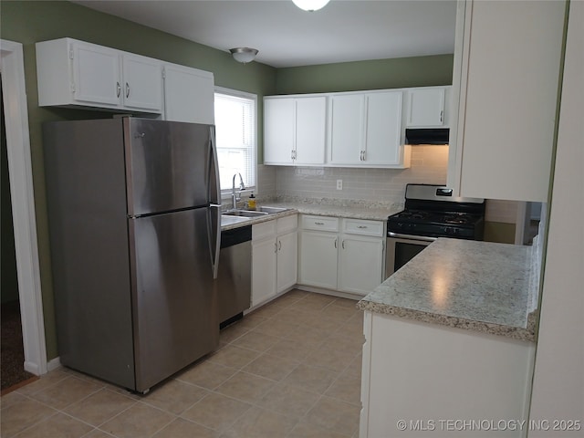 kitchen featuring exhaust hood, backsplash, a sink, white cabinets, and appliances with stainless steel finishes