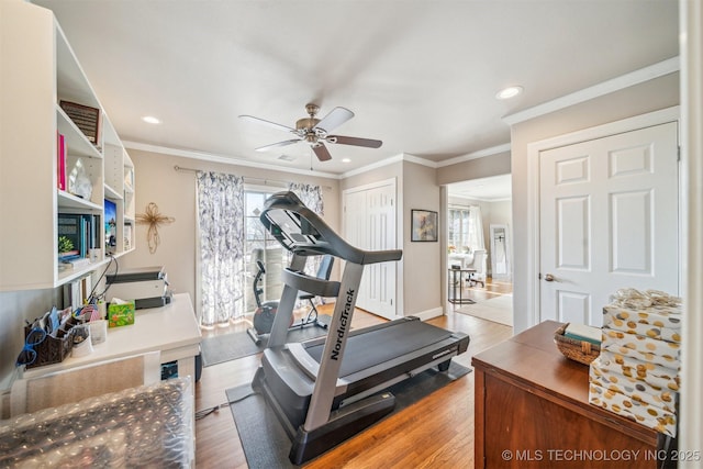 122 Osage Ridge Dr, Sand Springs, OK 74063 - workout room featuring recessed lighting, ornamental molding, a ceiling fan, and wood finished floors