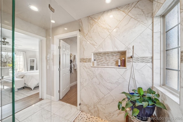 122 Osage Ridge Dr, Sand Springs, OK 74063 - ensuite bathroom featuring a marble finish shower, recessed lighting, and connected bathroom