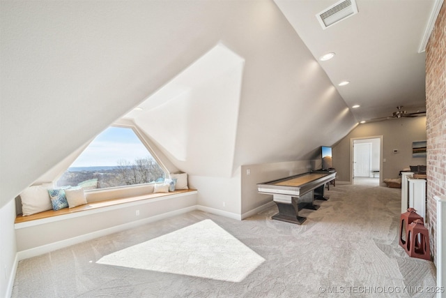 122 Osage Ridge Dr, Sand Springs, OK 74063 - game room with visible vents, carpet floors, baseboards, and vaulted ceiling