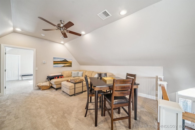 122 Osage Ridge Dr, Sand Springs, OK 74063 - carpeted dining space with recessed lighting, visible vents, lofted ceiling, and a ceiling fan