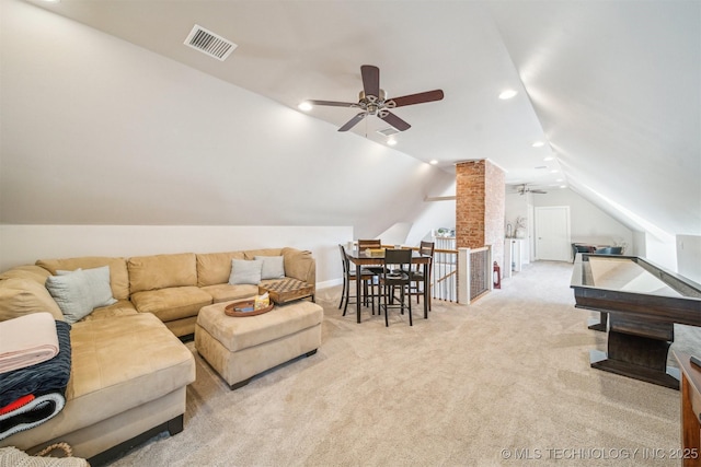 122 Osage Ridge Dr, Sand Springs, OK 74063 - living room featuring visible vents, recessed lighting, ceiling fan, vaulted ceiling, and carpet flooring
