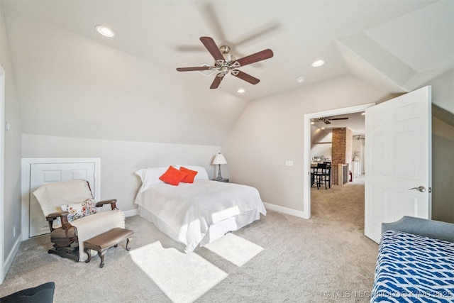 122 Osage Ridge Dr, Sand Springs, OK 74063 - bedroom featuring a ceiling fan, baseboards, lofted ceiling, recessed lighting, and light colored carpet