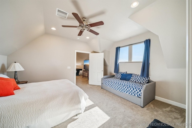 122 Osage Ridge Dr, Sand Springs, OK 74063 - bedroom with recessed lighting, visible vents, carpet flooring, and vaulted ceiling