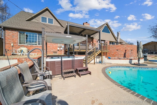122 Osage Ridge Dr, Sand Springs, OK 74063 - view of swimming pool with a fenced in pool, a hot tub, stairs, a deck, and a patio area