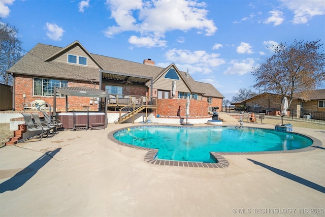 122 Osage Ridge Dr, Sand Springs, OK 74063 - view of pool featuring fence, a fenced in pool, a hot tub, stairs, and a patio area